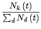$\displaystyle {\frac{{N_{k}\left(t\right)}}{{\sum_{d}N_{d}\left(t\right)}}}$